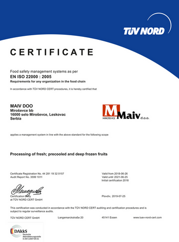 Certificate ISO 22000